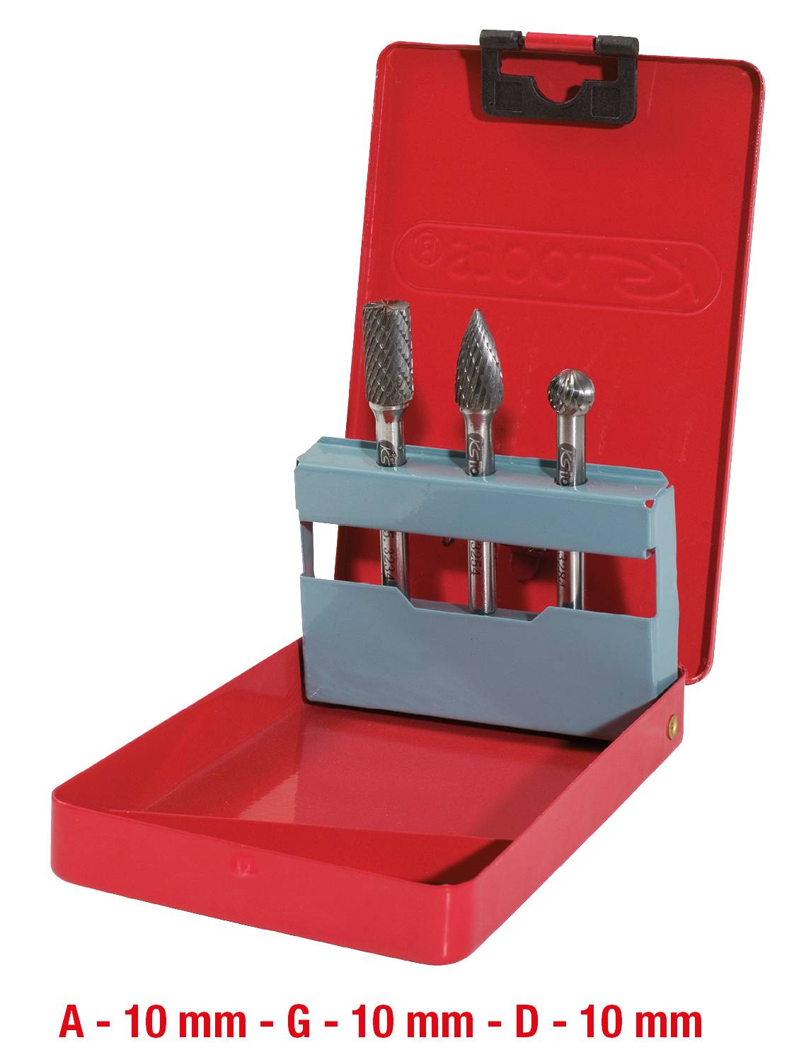 A red case containing three metal milling cutters of different shapes and sizes. The cutters are secured in a blue holder. Text below: 'A - 10 mm - G - 10 mm - D - 10 mm'.