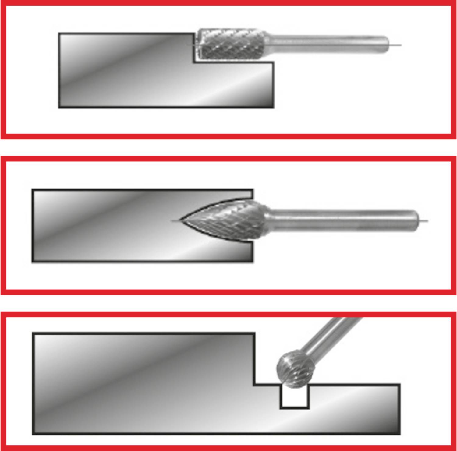 'Three different drills for precision machining. First rectangular, second conical, third spherical, each with workpiece.'