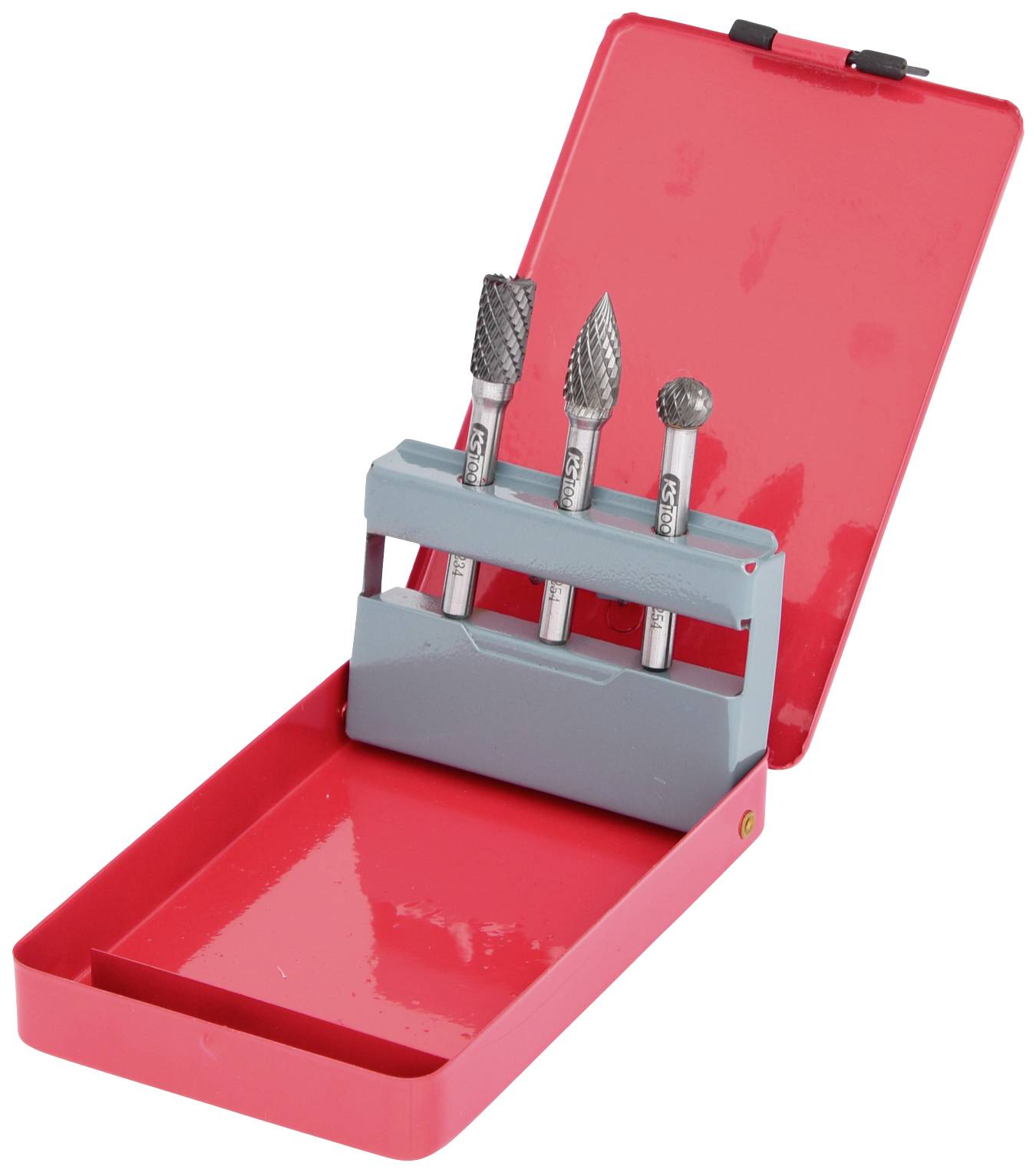 Red toolbox with an open lid, displaying three different milling heads on a grey holder. Ideal for craftsmen.