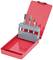 Red toolbox with an open lid, displaying three different milling heads on a grey holder. Ideal for craftsmen.