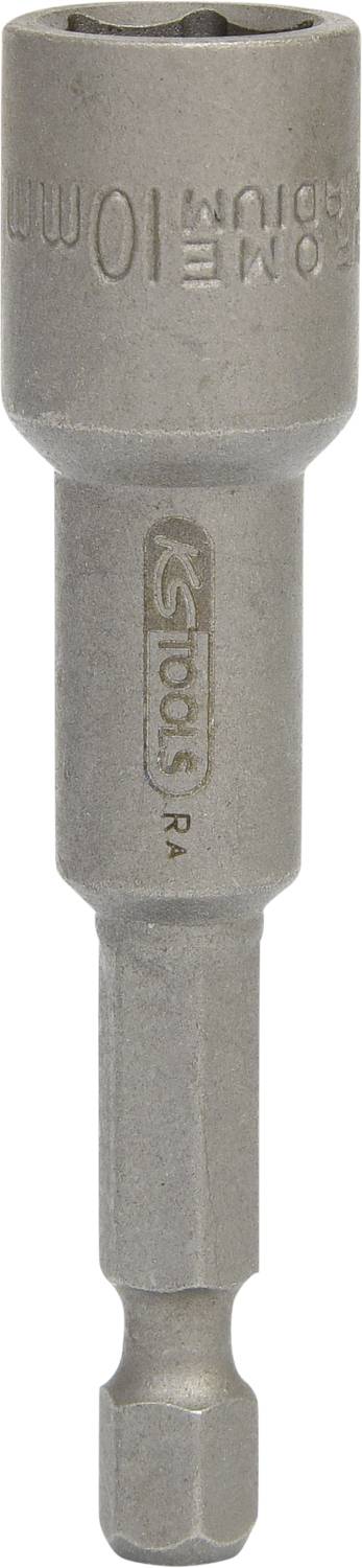 Metal socket nut, marked with '10 mm', hexagonal head. 'KS' marking and other details visible on the side.