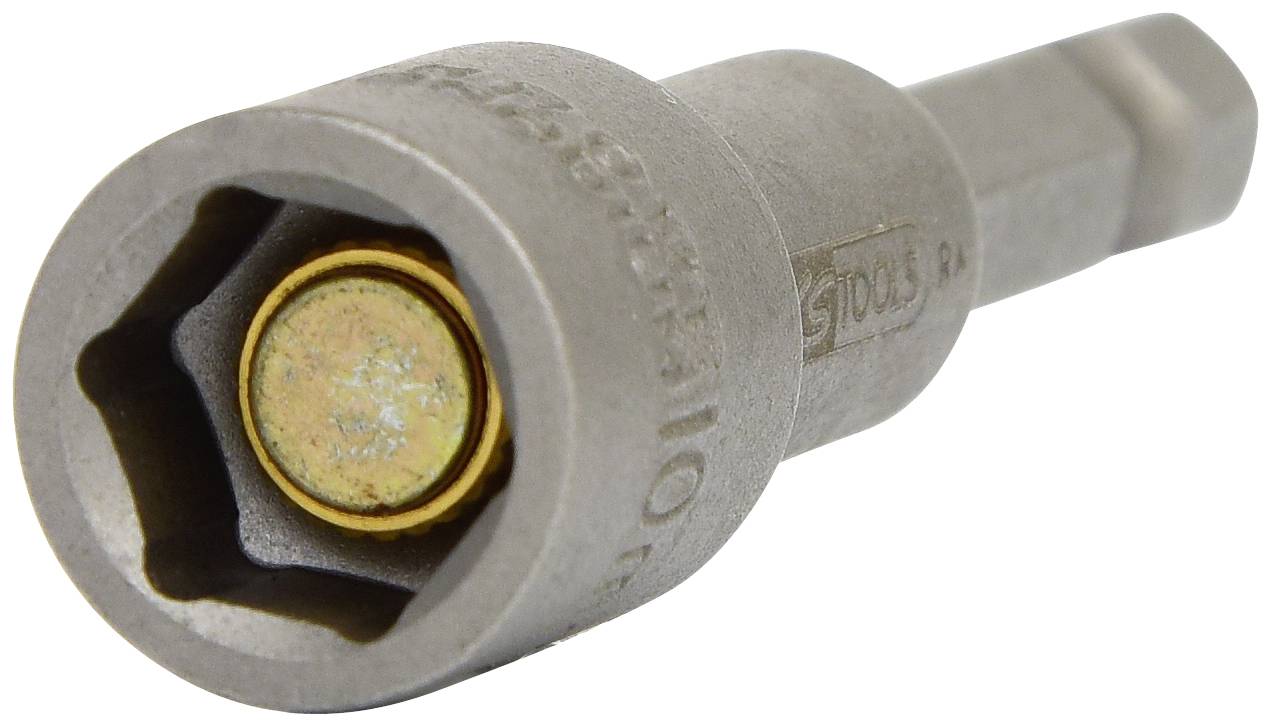 A silver socket extension with a hexagonal internal profile and integrated magnet for securing nuts or bolts.