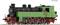 A green steam locomotive with black and red details on a light grey background. Top right reads 'Photomontage'.