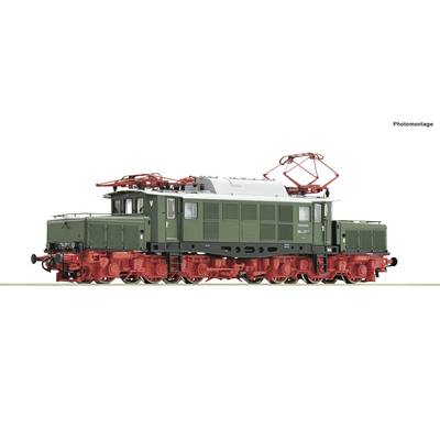 Green model of an electric locomotive with a red chassis, detailed side view against a white background.