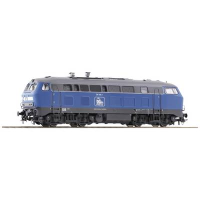 A model of a blue diesel train to scale, standing on a track, with realistic details and logos on the side.