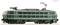 Green electric locomotive with two pantographs on the roof, photographed from the side against a white background.