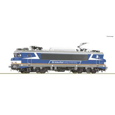 Locomotive in blue and white livery with the inscription 'VolkerRail safely en route', showing overhead line equipment and company logo.