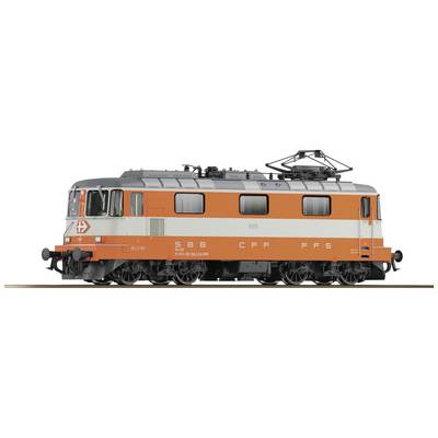 Orange and grey locomotive of the Swiss Federal Railways (SBB) with a pantograph on the roof, side view.