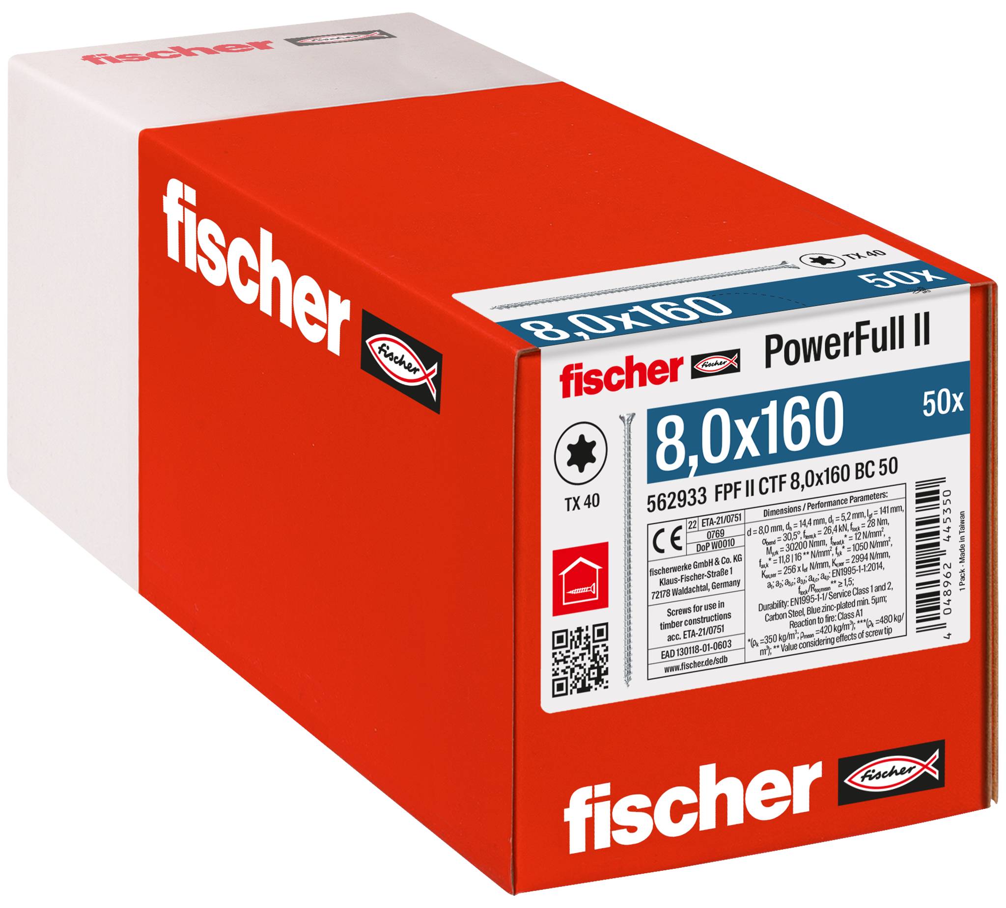 Red Fischer PowerFull II box of 50 wall plugs, labeled 8.0x160 and TX 40, shown in product packaging view.