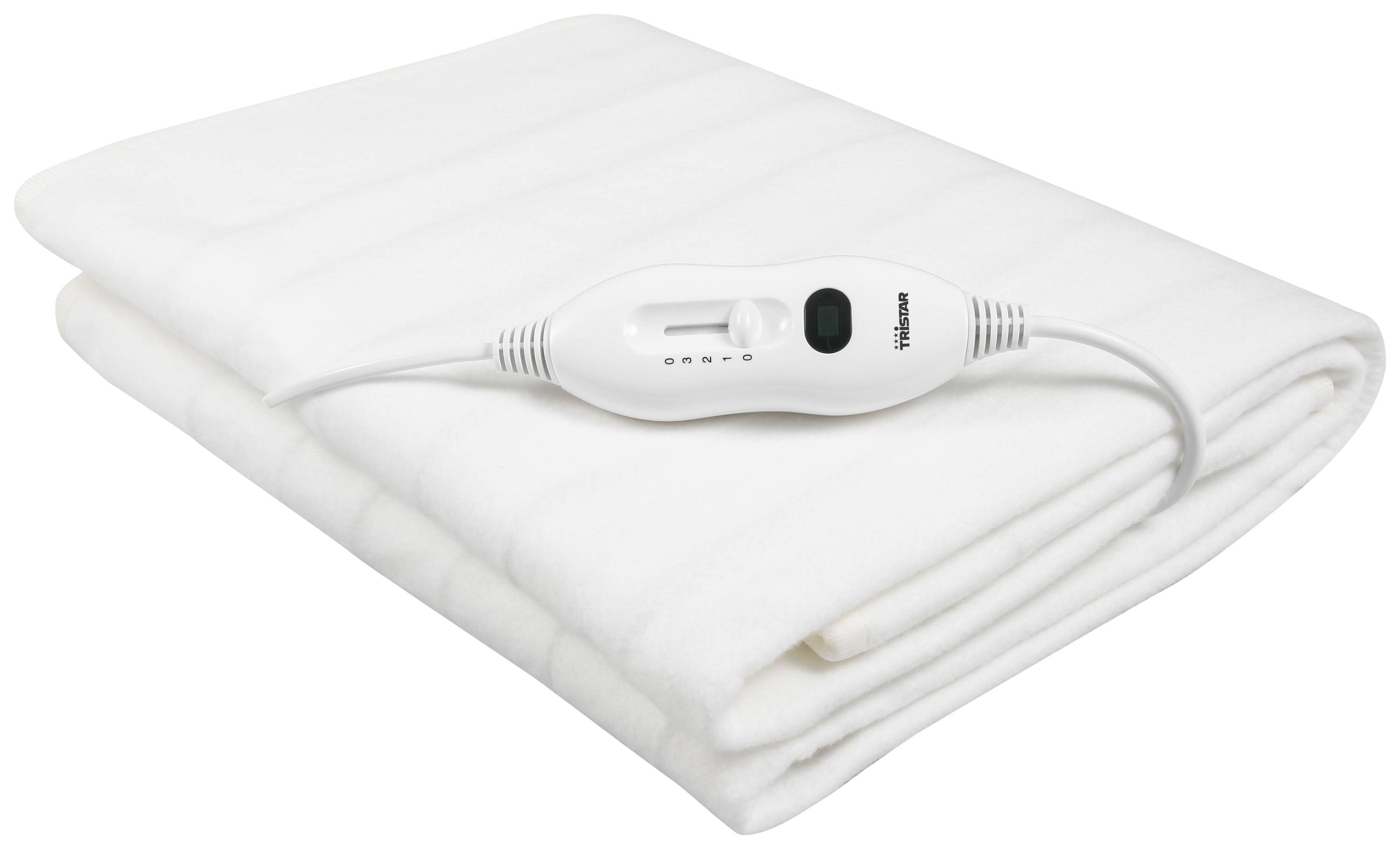 A folded, white electric blanket with a white control unit featuring a switch and a rotary dial for temperature adjustment.