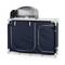 A blue outdoor camping kitchen cabinet with a metal frame, worktop and windbreak. Ideal for storage and cooking outside.