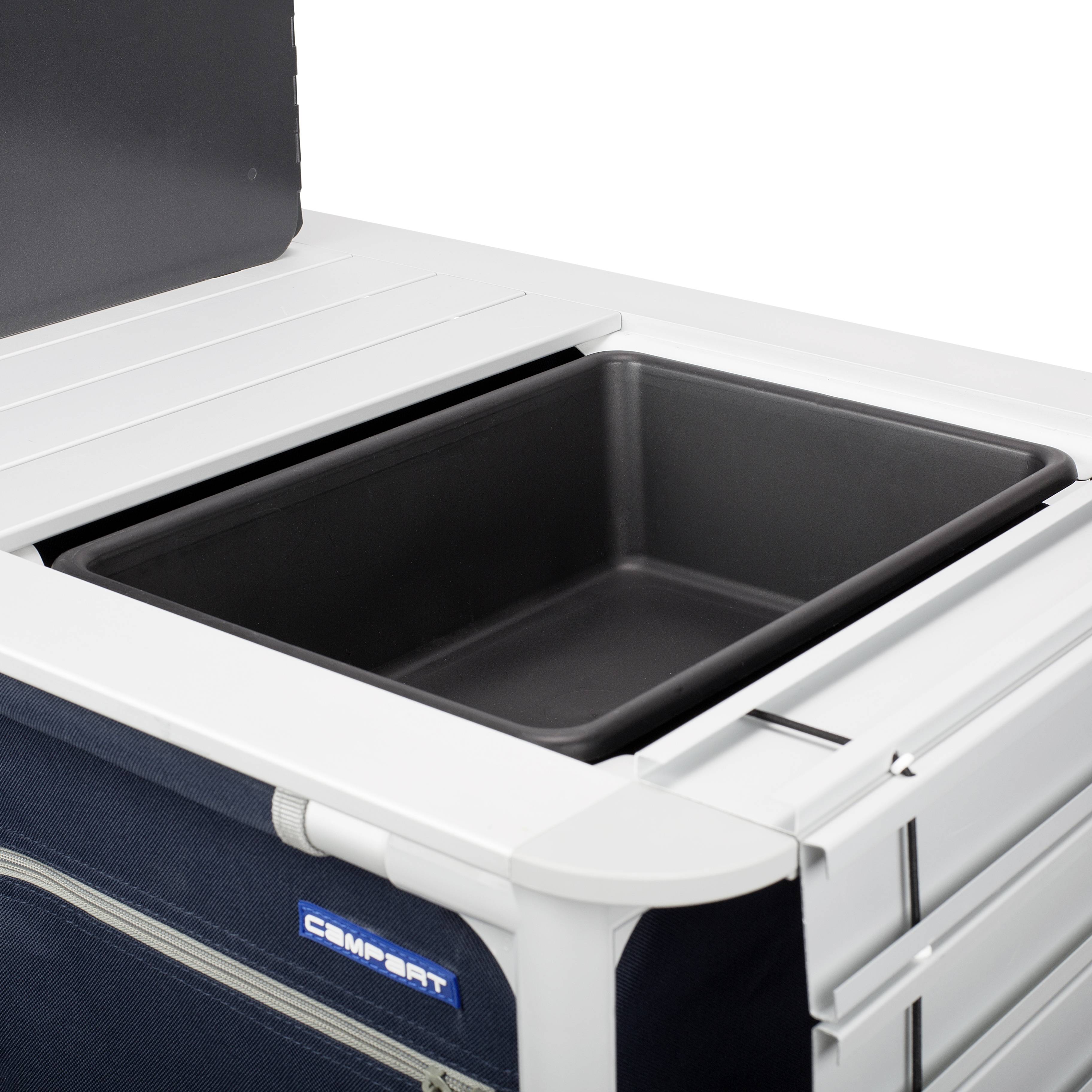 A white mobile fridge with an open lid reveals an empty black interior and a blue fabric cover.