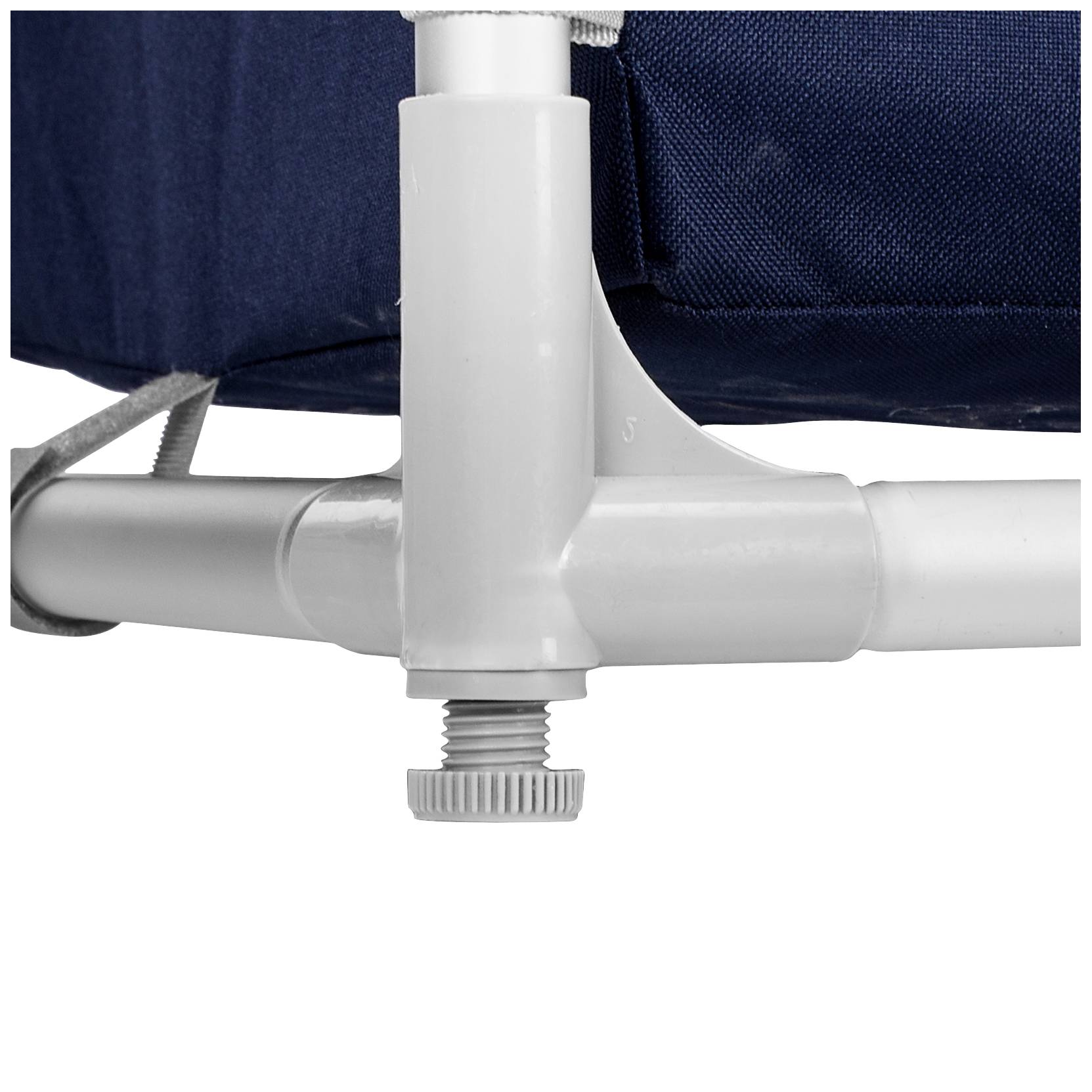 Close-up of a white metal frame with an adjustable leg and dark blue fabric upholstery.