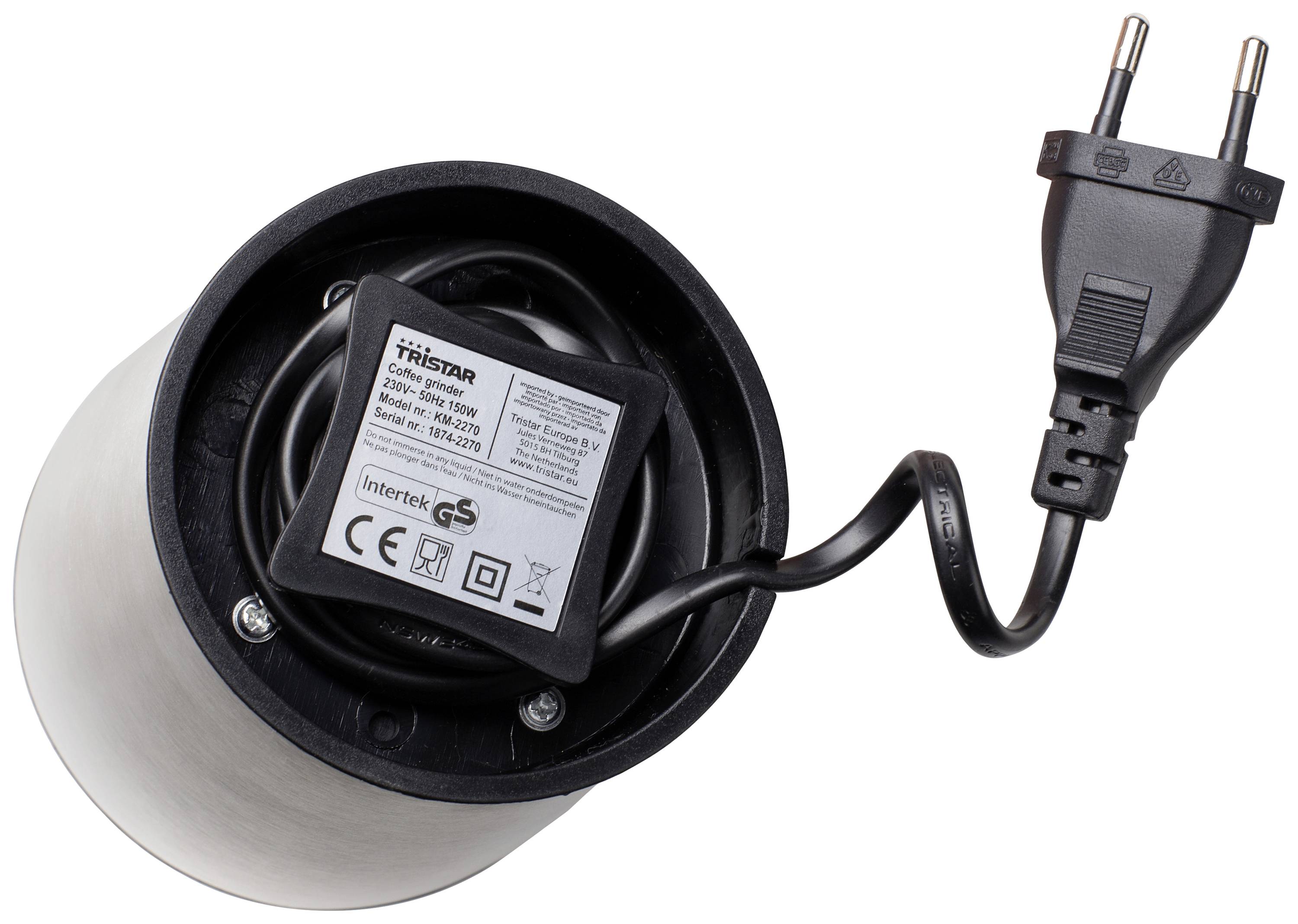 A cylindrical electrical mains adapter with European plug, displaying technical specifications and certification logos on its underside.