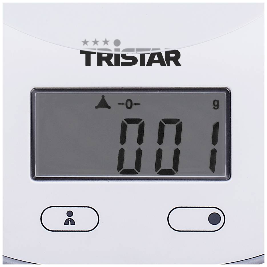 A digital kitchen scale displays a weight of 1 gramme on an LCD display. The brand 'Tristar' is shown at the top.