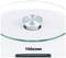 Kitchen scales with a glass surface and round silver button, brand 'Tristar'.