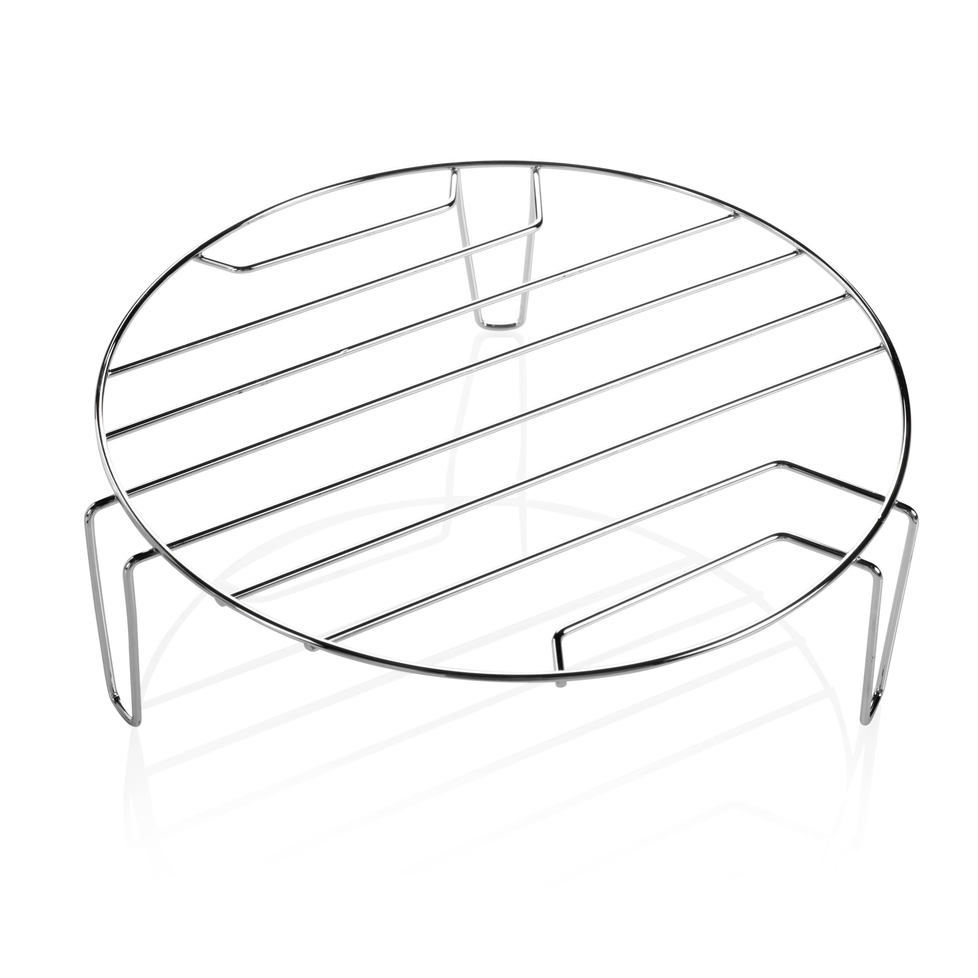 Round metal grill grate with legs, suitable for placing pots or pans, reflected on a white background.