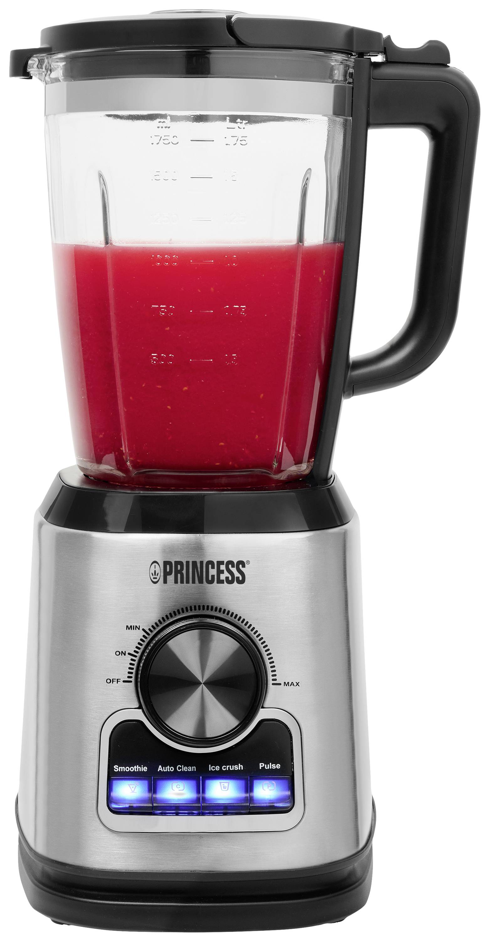 A gleaming stand blender with a stainless steel casing, black handle, full glass jug containing red juice, and illuminated control buttons.