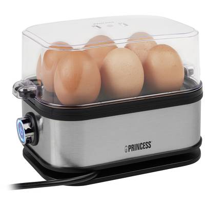 An electric egg cooker with a transparent lid containing seven eggs. The cooker has a stainless steel casing and a blue button.