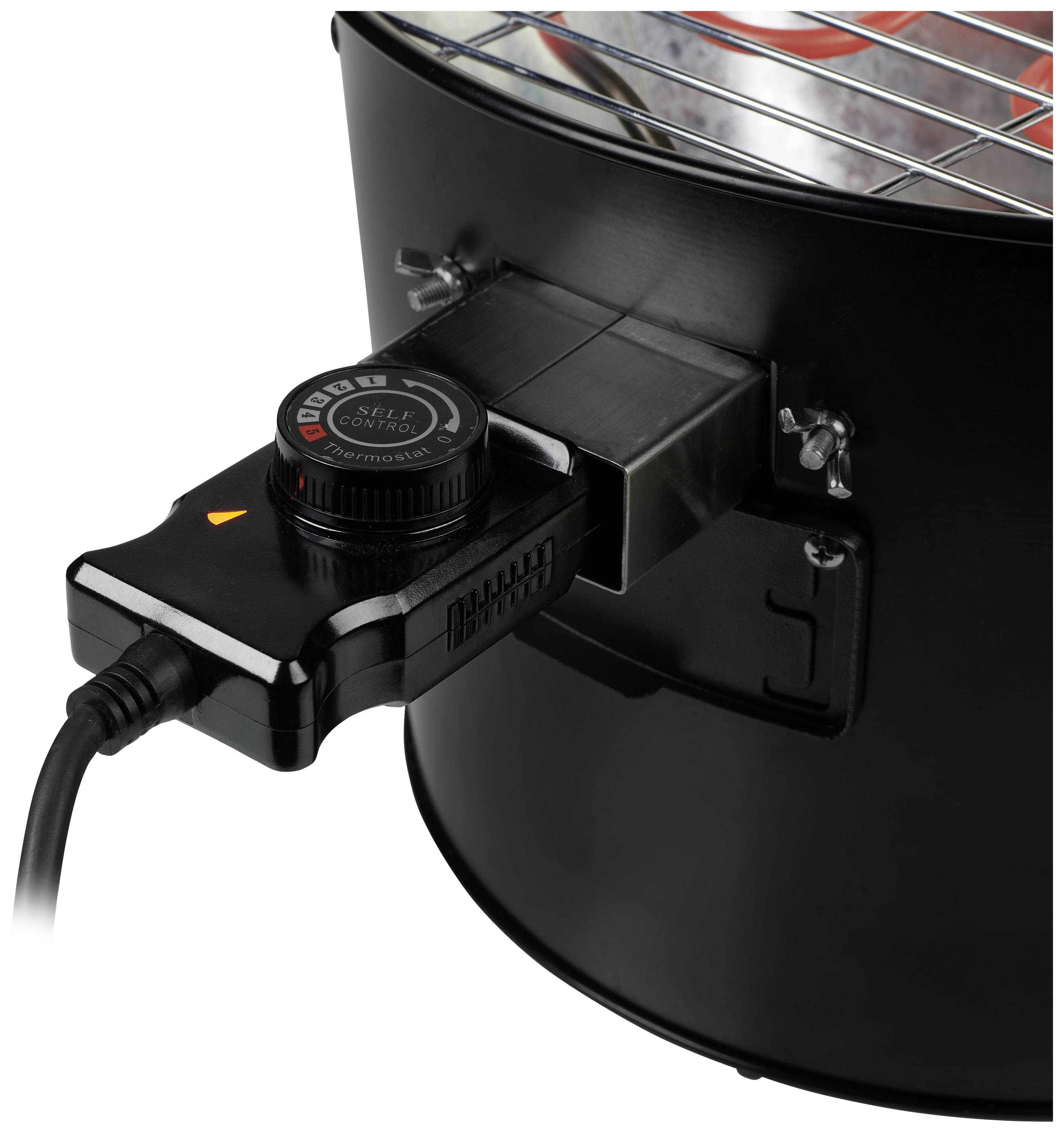Black electric appliance with a rotary dial for temperature control, connected to a circular grill body. Suitable for indoor grilling.