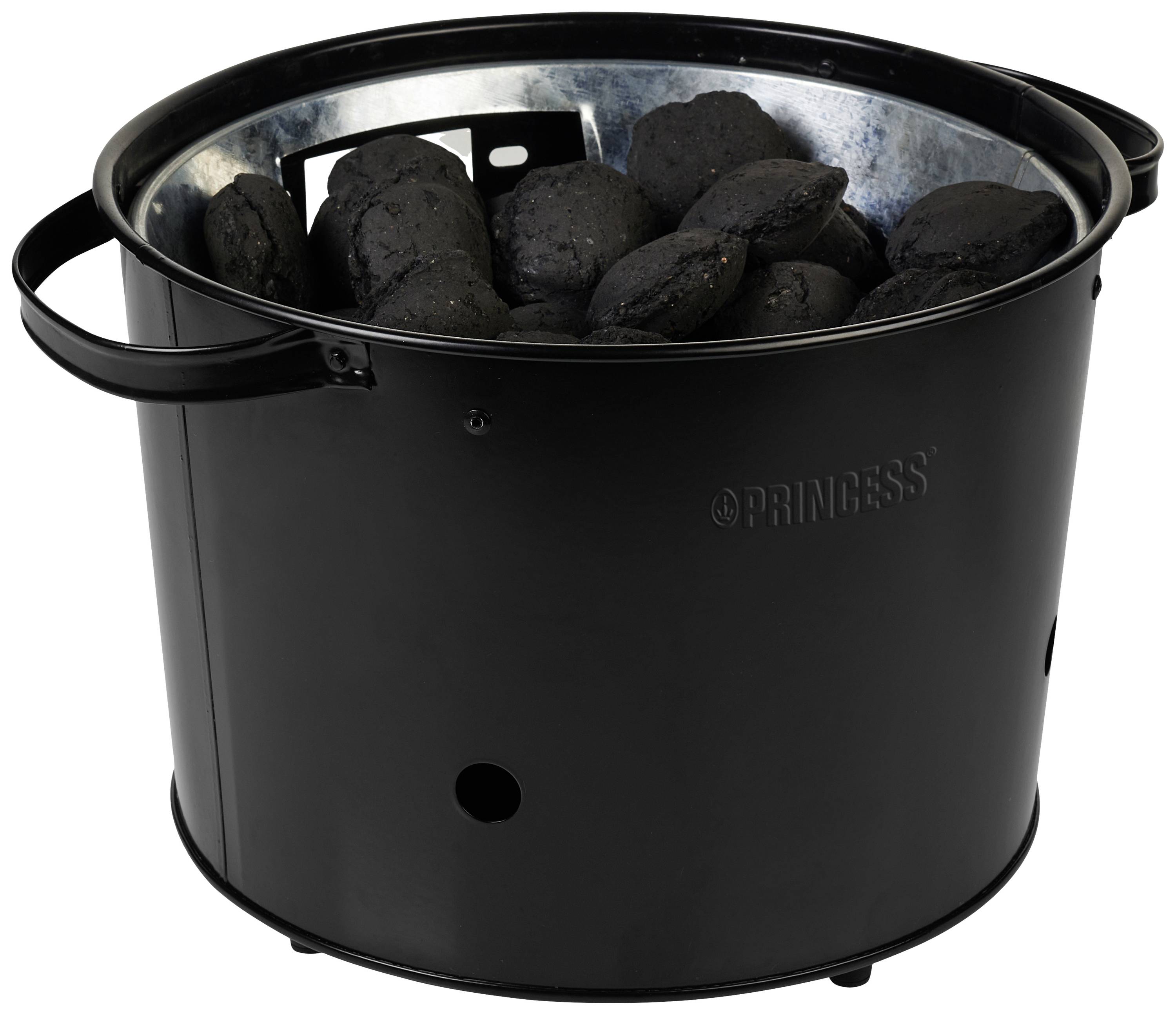 A black bucket barbecue filled with charcoal briquettes, ready for grilling.