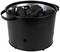 A black bucket barbecue filled with charcoal briquettes, ready for grilling.