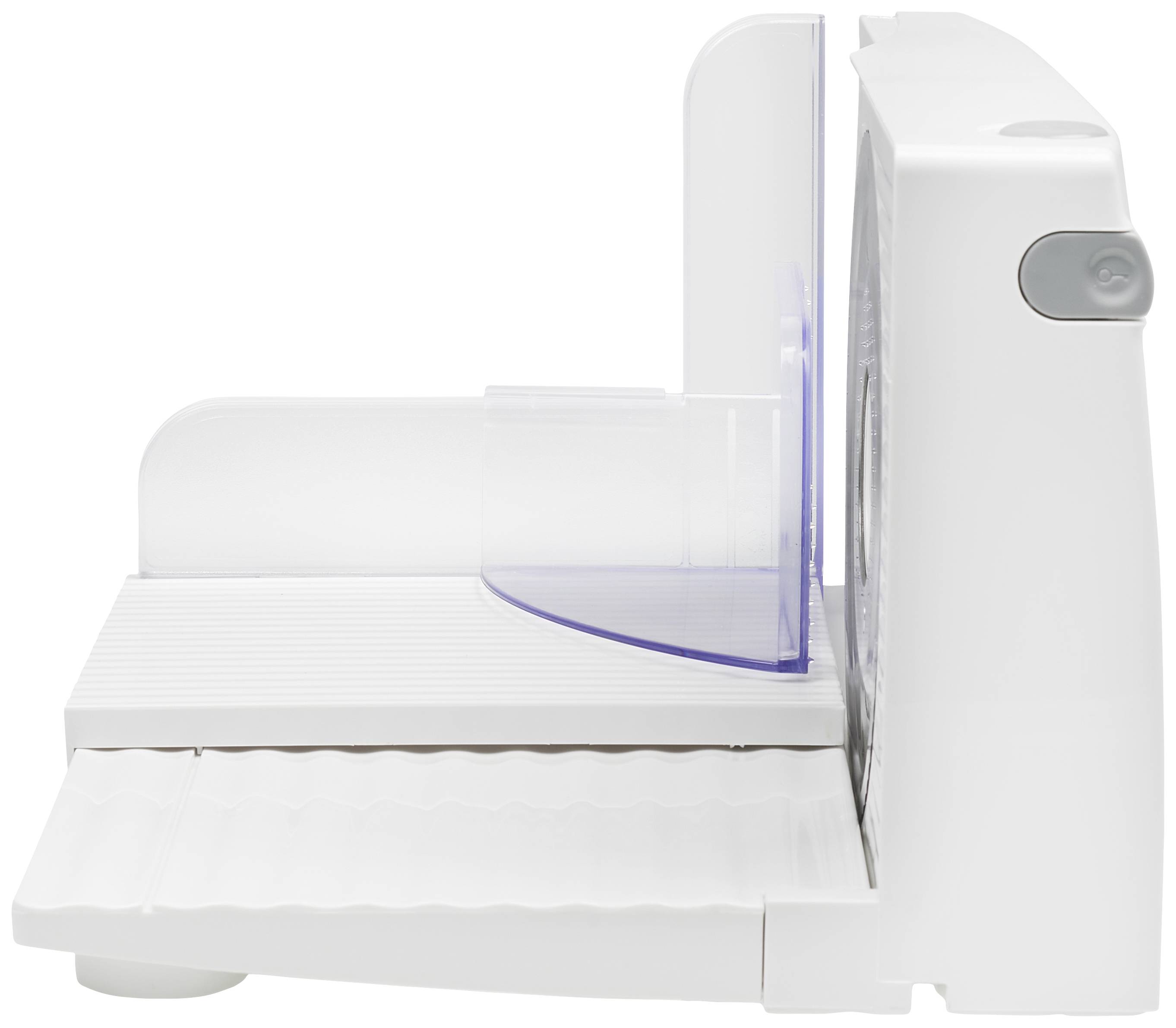 A white, electrically powered bread slicer with a transparent blade guard and adjustable cutting width.