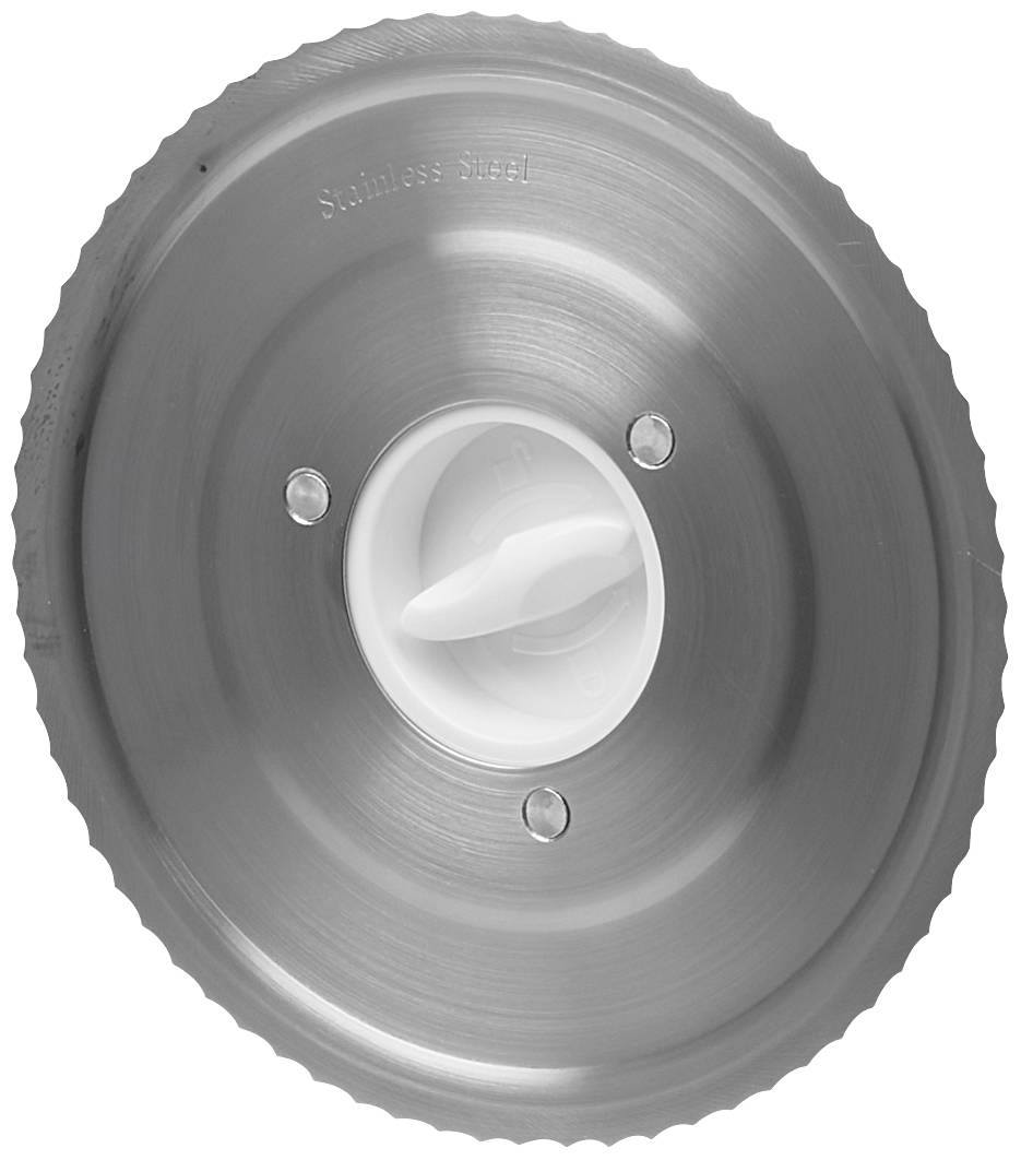 A round, serrated stainless steel blade with a white plastic handle in the centre.