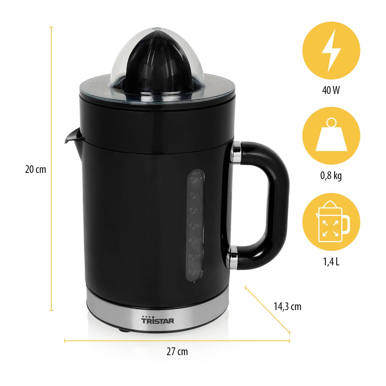 Black citrus press with lever, 27x20x14.3 cm. Powerful with 40 W, 1.4 L capacity, weighs 0.8 kg.