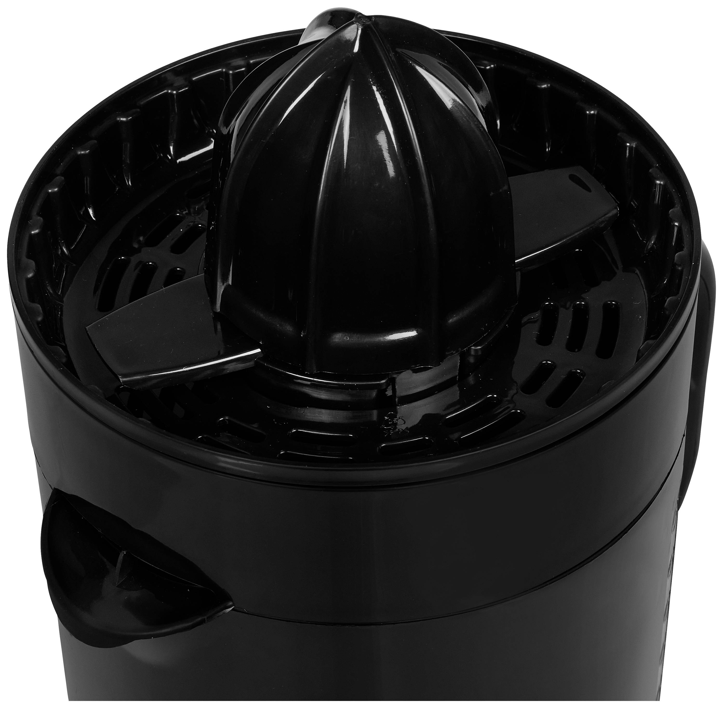 A black electric citrus juicer with a conical attachment on top, ready to squeeze citrus fruits.