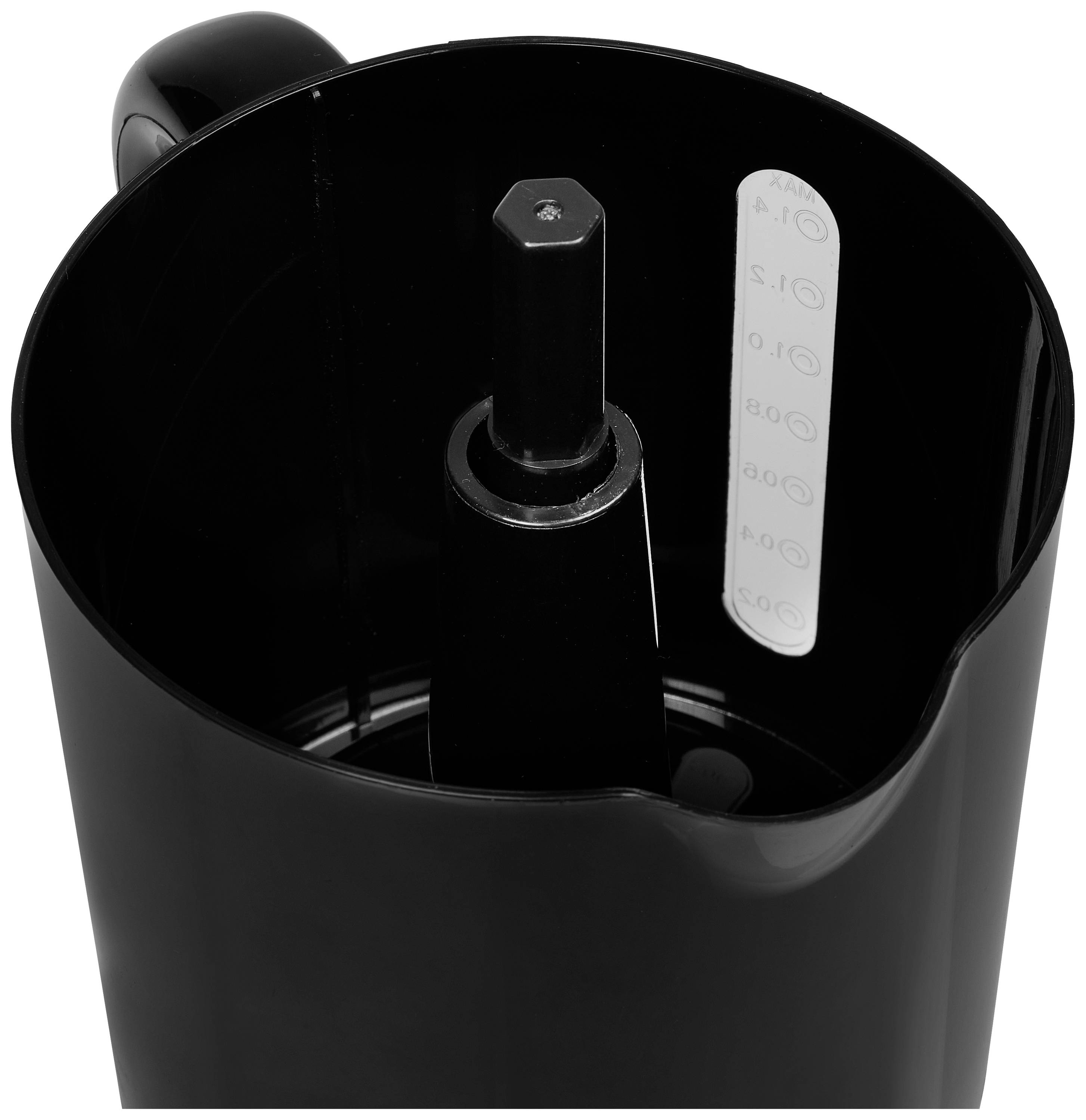 A black container with a handle shows an internal central vertical rod and a measuring scale in litres on the side.