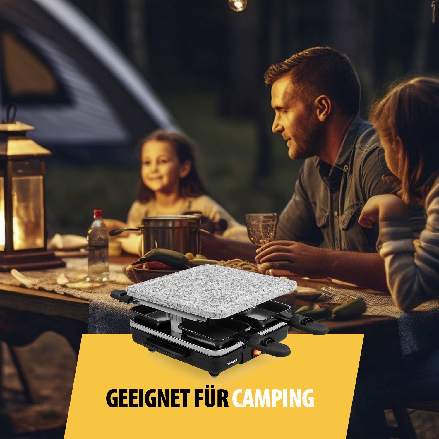 A family is eating dinner by candlelight outdoors at a camping table; in the foreground is a table barbecue with the text 'Suitable for Camping'.