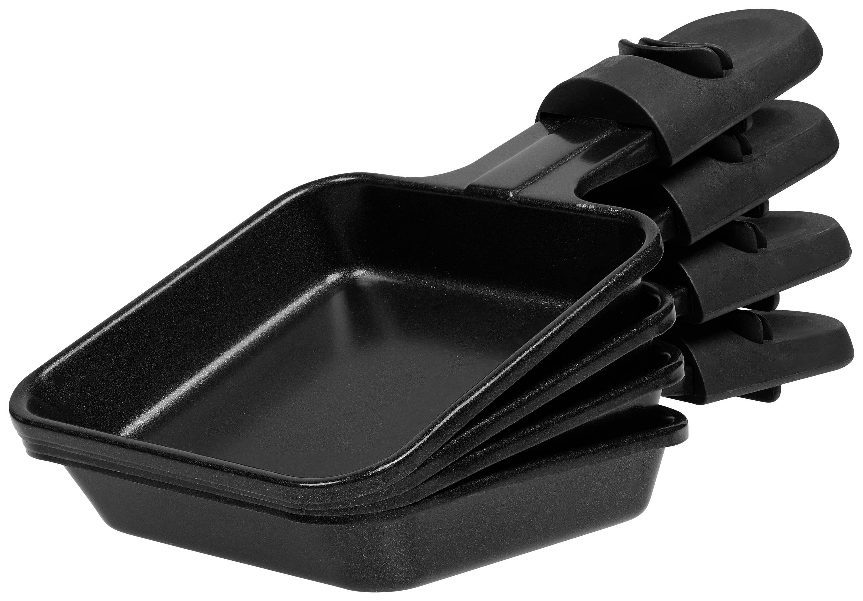 A stack of four black raclette dishes with black handles, stacked on top of each other.