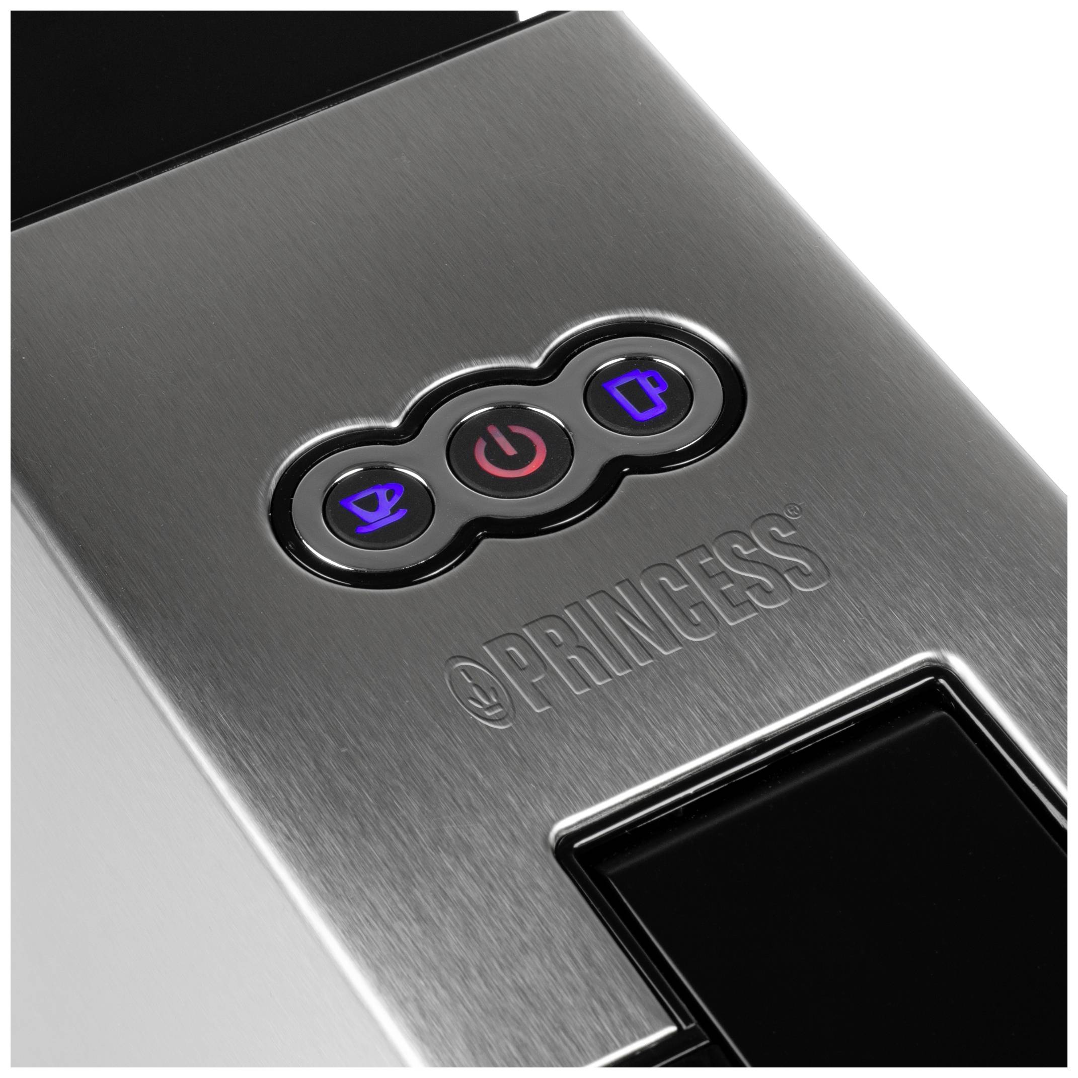 Close-up of a silver device with three symbols: cup, power button, cup. Below is the name 'PRINCESS'.