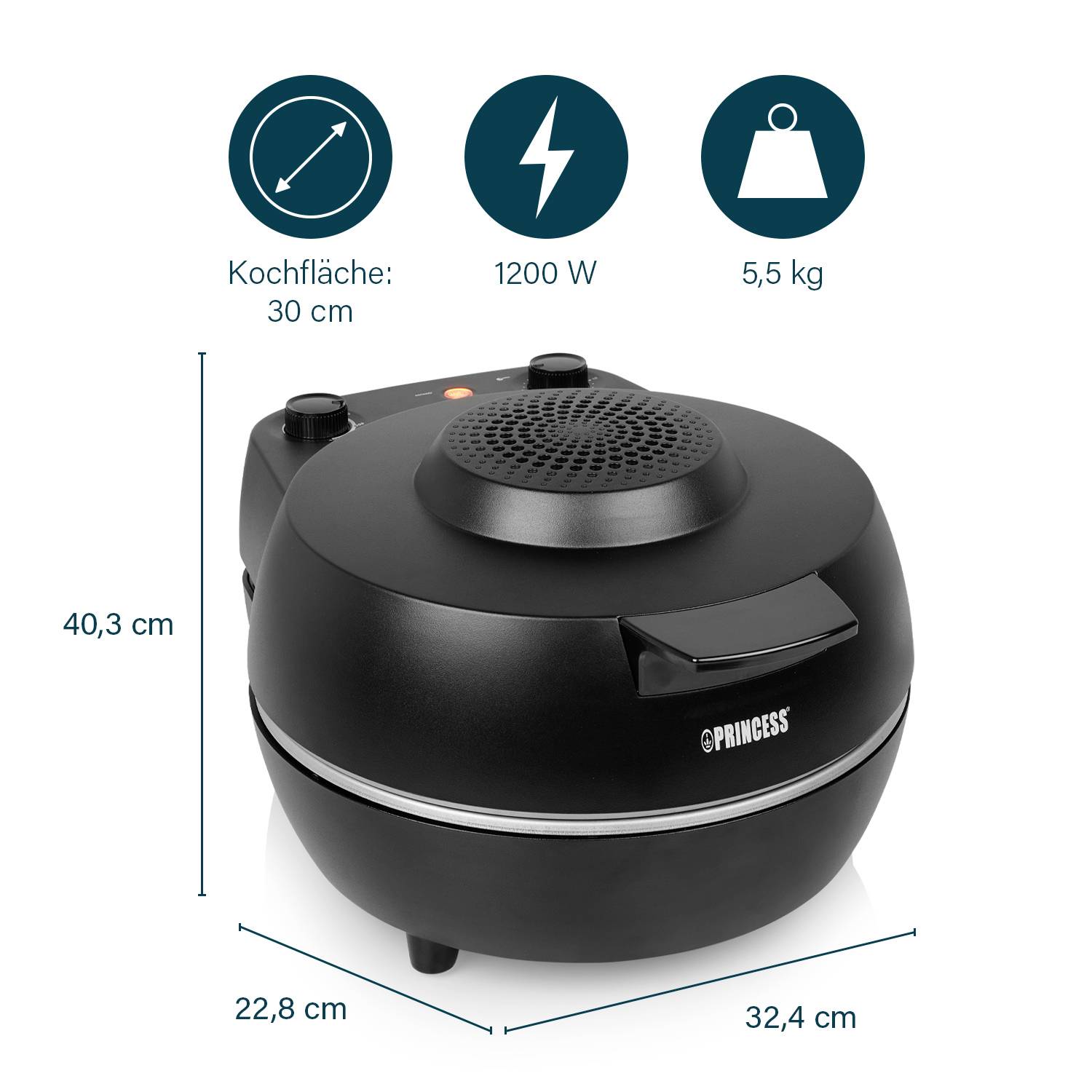 Black electric grill with dimensions of 40.3 cm height, 22.8 cm width, 32.4 cm depth. Power: 1200 W. Cooking surface: 30 cm. Weight: 5.5 kg.