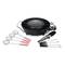 Black hotpot and grill cooker with metal tongs, four slotted spoons, and four metal forks. Suitable for communal cooking.