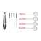 Tongs, four fondue forks and three spiral serving spoons on a white background. Metal utensils with black and red handles.