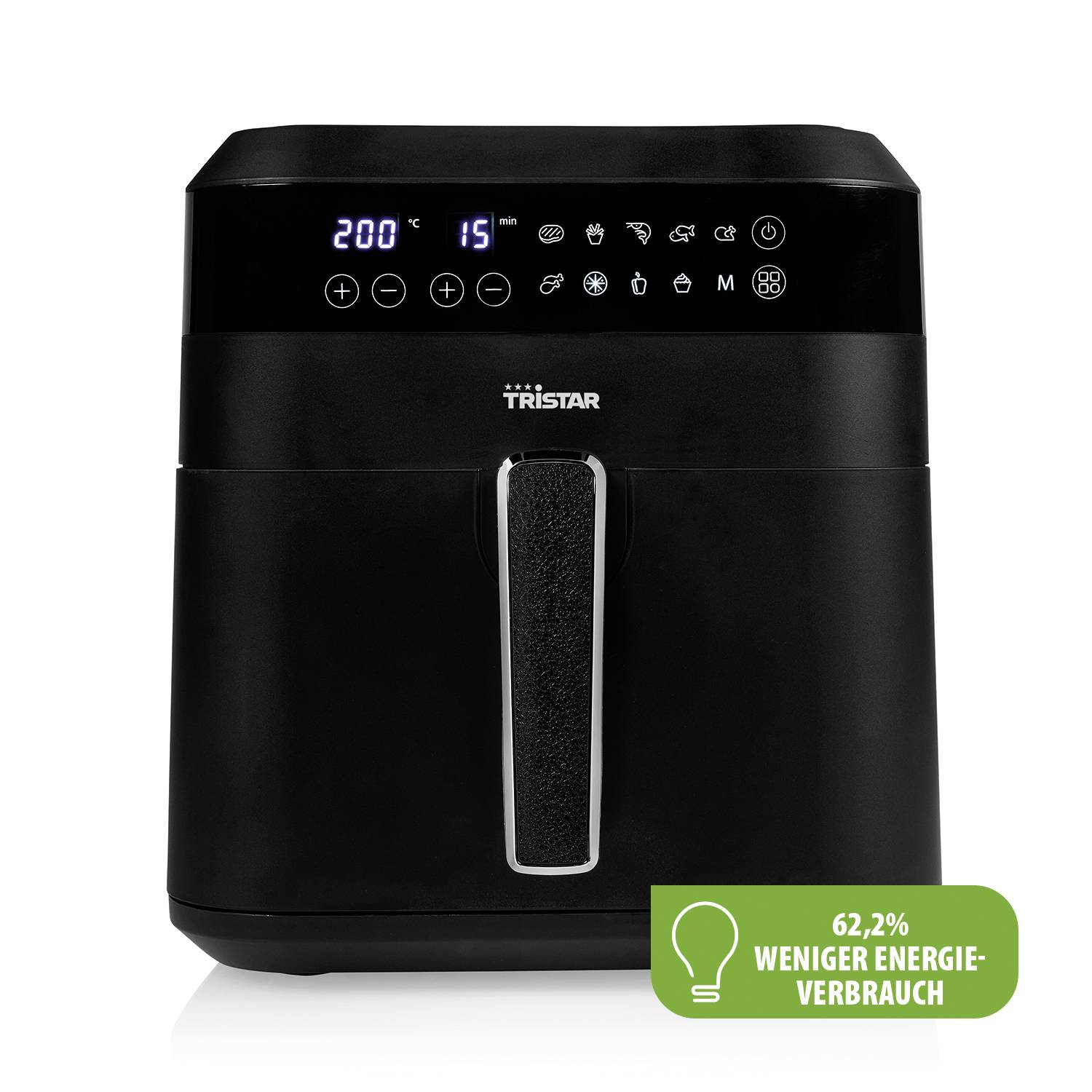 Black Tristar Hot Air Fryer with digital display. Green graphic on the right with text '62.2% less energy consumption'.