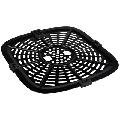Black, square plastic grid with round and rectangular openings, used for ventilation or stabilisation.