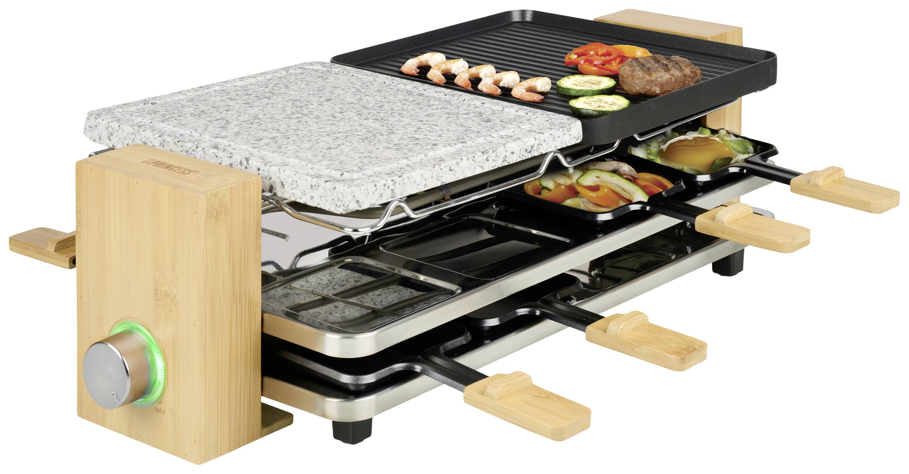 Princess Pure 8 Raclette Non-stick coating, 8 pannikins Black, Stone, Bamboo