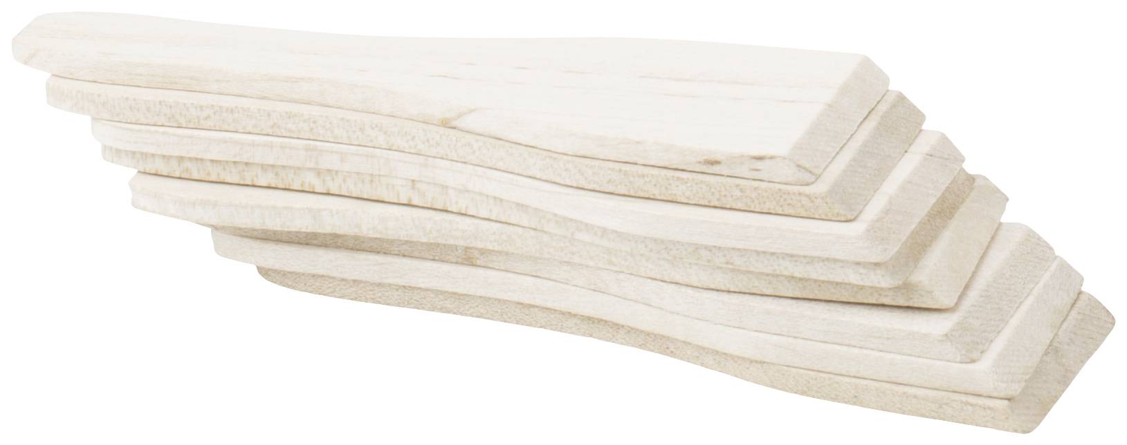 Five stacked, unfinished wooden planks in decreasing size from bottom to top, for craft projects or decoration.