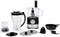 A food processor set with various attachments, including a mixing bowl, chopping discs, and a juicer attachment.
