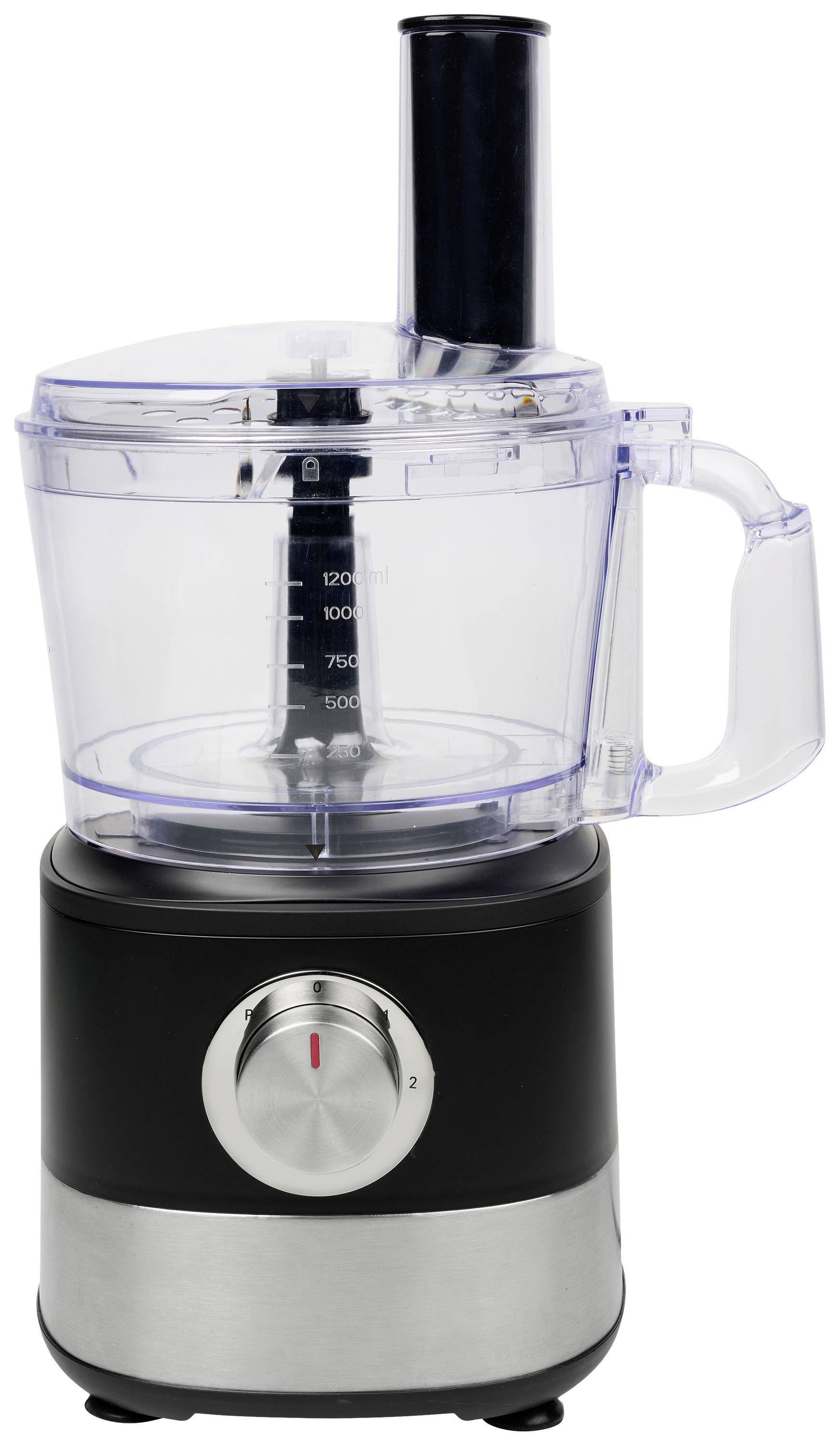A black food processor with a transparent container and silver control knob on a white background.