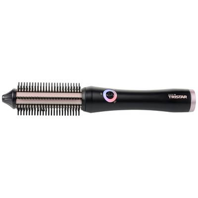 Hair curling tong with round brush, black, brand 'Tristar'. Displays temperature indicator and toothed bristles for hair styling.