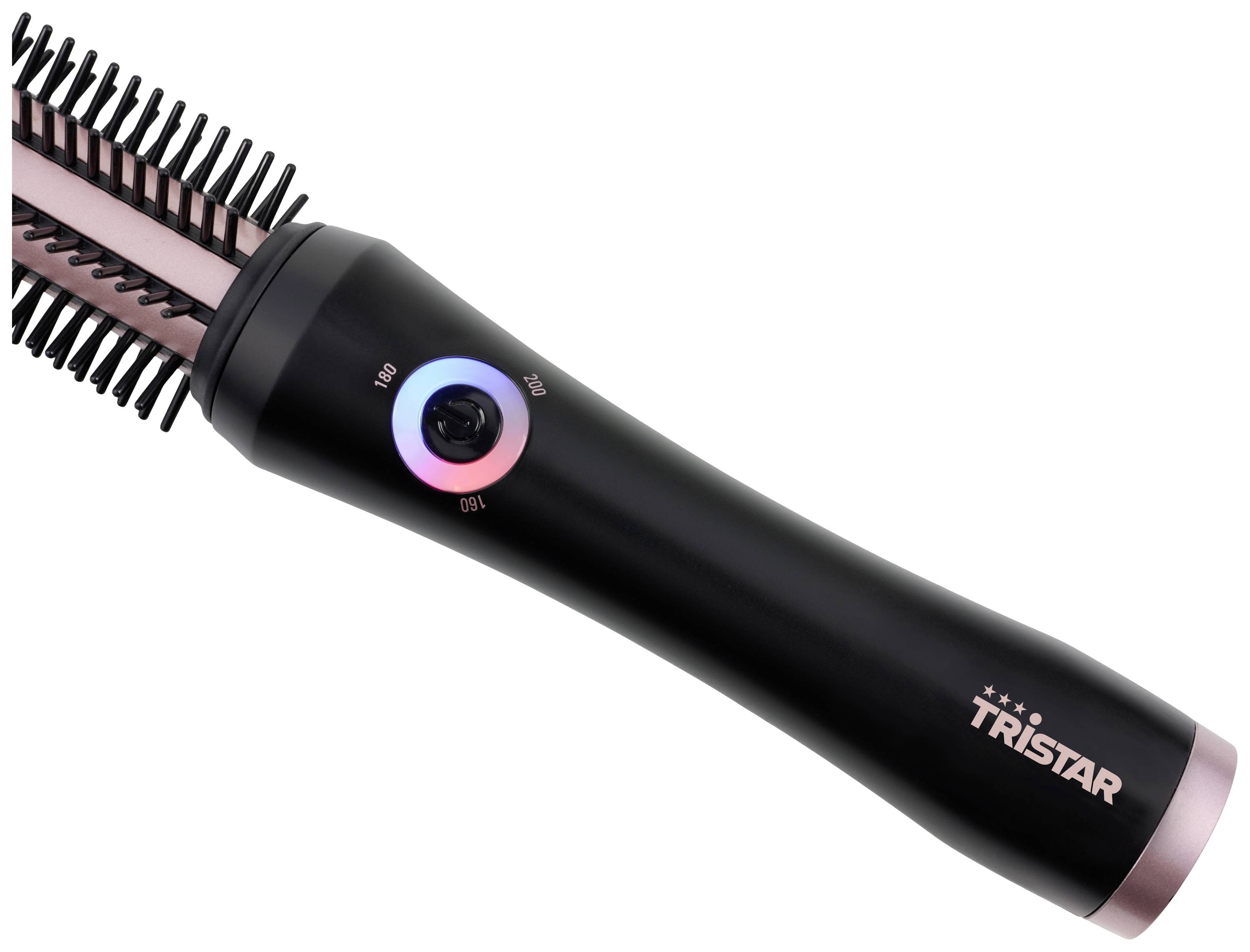 Black electric hair brush with rotating bristles and temperature control. 'Tristar' brand visible on the handle.