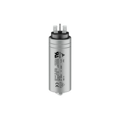 Capacitor with silver casing and printed markings. Voltage: 450V, Capacity: 16µF. Connection pins at the top.