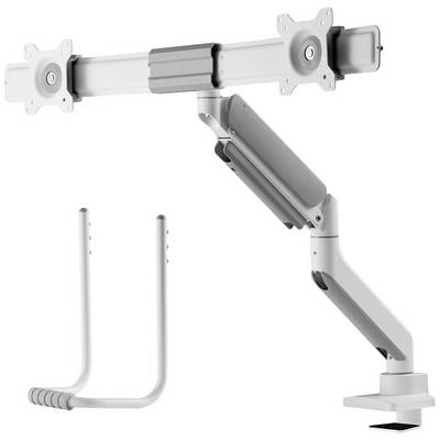 Adjustable dual-monitor arm with flexible positioning for ergonomic working. Includes mounting components.