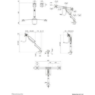 Technical drawing of a monitor arm with dimensions and adjustment options. Shows mounting options, rotation angles, and height adjustment.