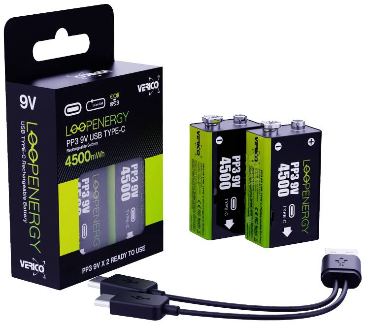 Verico Loop Energy rechargeable USB Type-C 9V batteries, 4500mWh. Packaging shows two batteries and a USB cable.