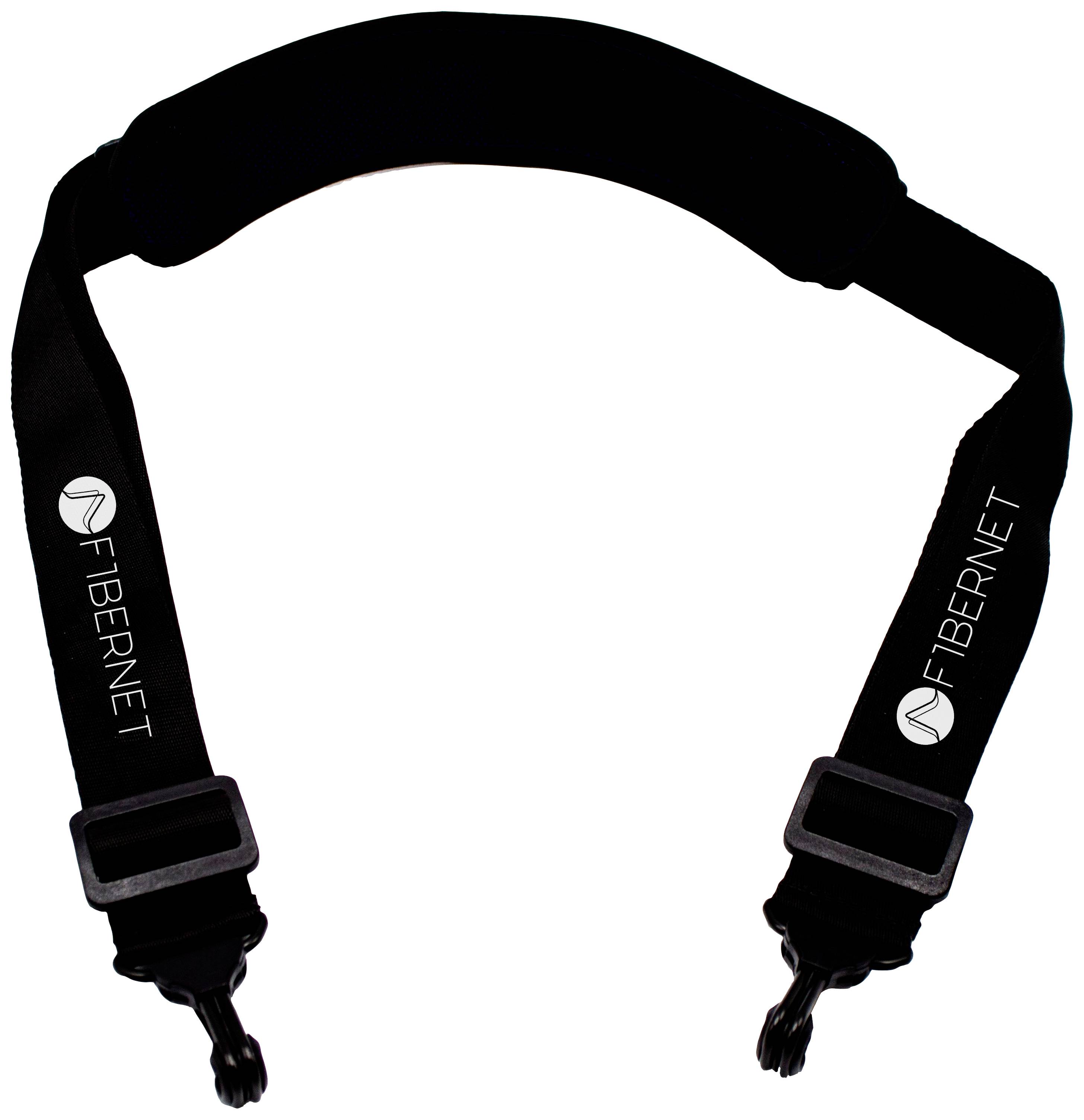 Black camera strap with Fibernet logo and two hooks at the ends for attaching to the camera.